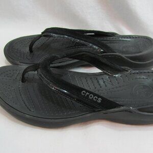 Crocs Womens Black Thong Flip Flops Sandals Suede Vinyl Trim 9 Vezzy